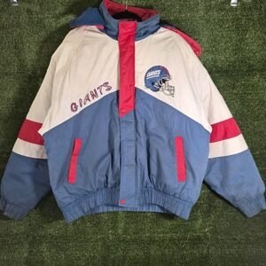 Vintage New York Giants Pro Player Jacket Mens Large Hooded Puffer NFL Spell Out